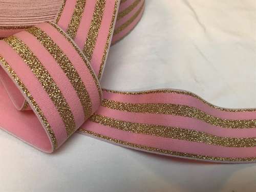Blød elastik - velegnet til undertøj, 4 cm - stribet, lyserød med guldglimmer
